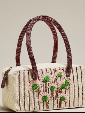 Anthropologie Embroidered Cream Beaded Top-Handle Bag with Pink Floral Detail